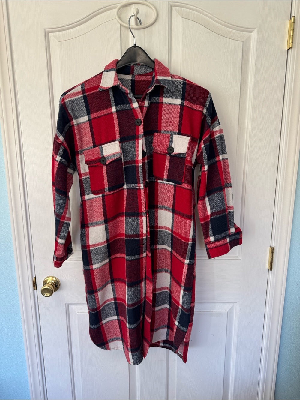Women’s Red Plaid Longline Button-Down Shacket